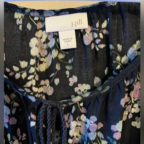 J. Jill Floral Blouse Blue Semi Sheer Tassel Lightweight Large - Picture 2 of 7